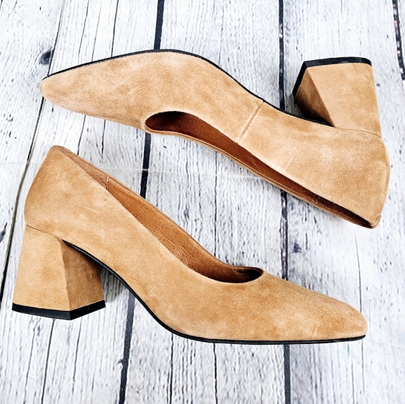 L'INTERVALLE | suede leather chunky block heel pointed toe pumps shoes - Picture 3 of 11